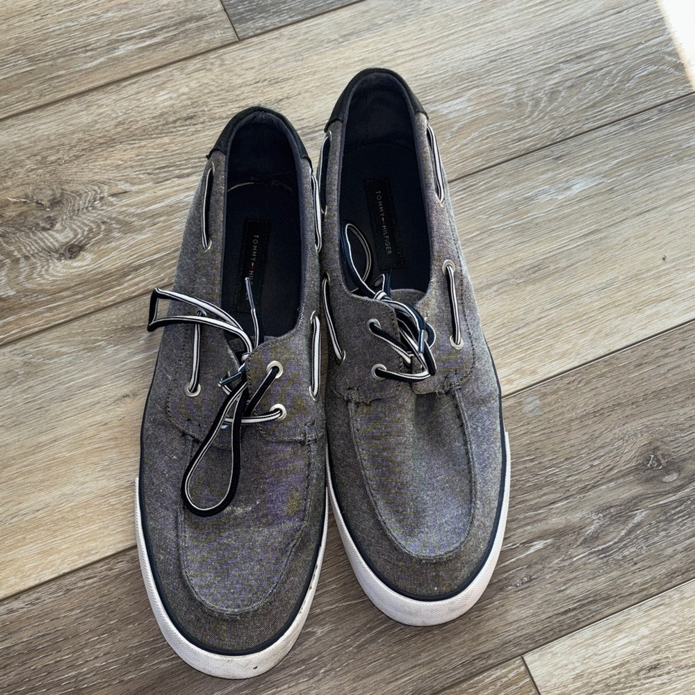 Tommy Hilfiger Men's Gray Canvas Boat Shoes with White Soles